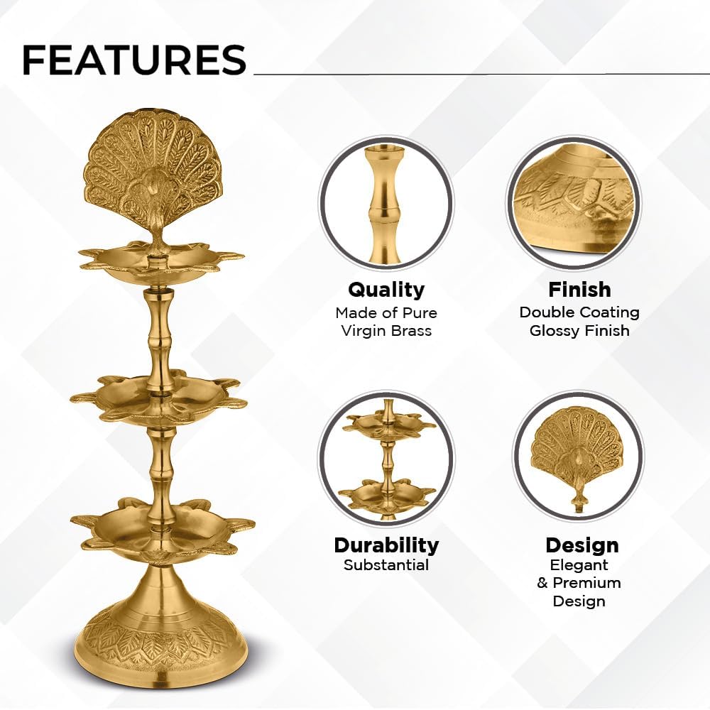 AVADOR® Handmade Brass Indian Puja Oil Lamp, Golden Diya Lamp Engraved Design Diya for Diwali Pooja (PanchMahal Set of 1 with Gift Box)