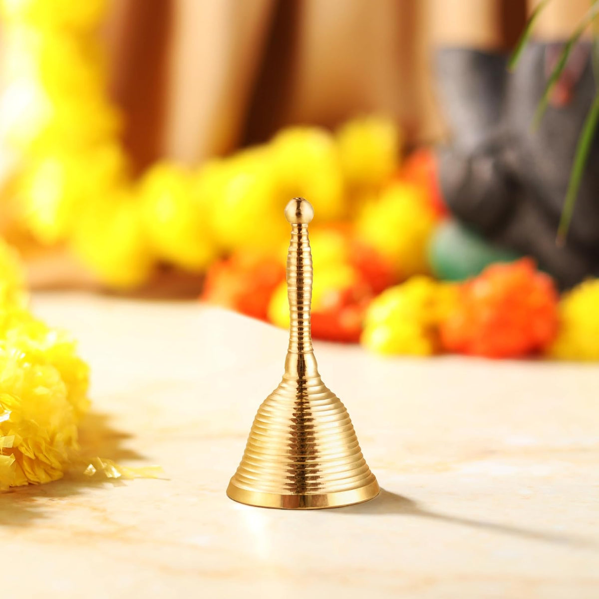 AVADOR® Handmade Brass Indian Puja Oil Lamp, Golden Diya Lamp Engraved Design Diya for Diwali Pooja (Brass Bell Set of 1)