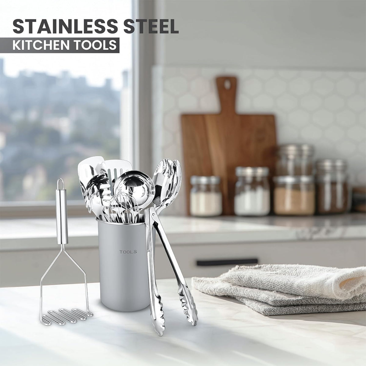 AVADOR® Premium 10-Piece Stainless Steel Kitchen Tool Set with Grey Holder