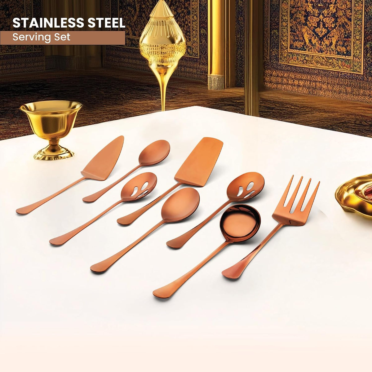 AVADOR® Premium Set of 8 Stainless Steel Hostess Serving Utensil Tool Set for Weddings | Buffet | Party | Kitchen | Restaurants (Gold Plated)