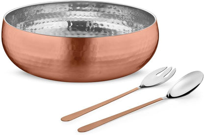 AVADOR® Set of 3 Premium Stainless Steel Salad Mixing Bowl Hammered Finish | Handmade | Includes Salad Serving Utensils (Gold Plated)