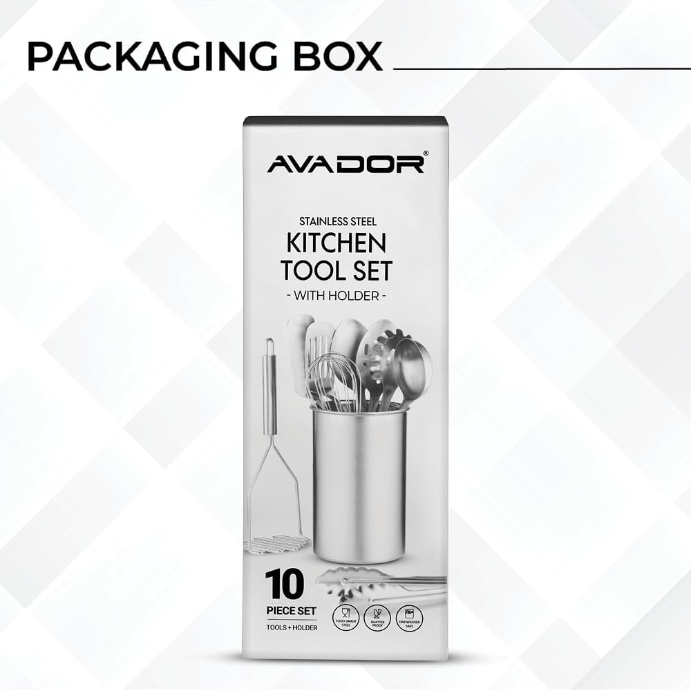 AVADOR® Premium Set of 10 Stainless Steel Kitchen Tool Set with Black Holder