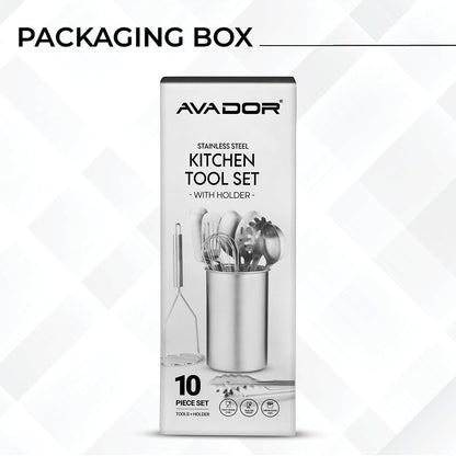 AVADOR® Premium Set of 10 Stainless Steel Kitchen Tool Set with Black Holder