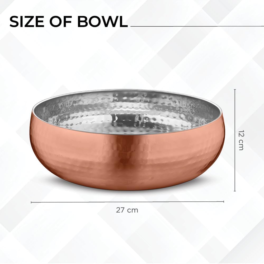 AVADOR® Set of 3 Premium Stainless Steel Salad Mixing Bowl Hammered Finish | Includes Serving Utensils (Copper plated)