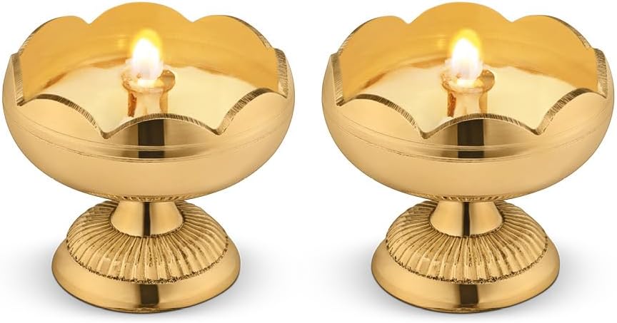 AVADOR® Handmade Brass Indian Puja Oil Lamp, Golden Diya Lamp Engraved Design Diya for Diwali Pooja (Nanda Set of 2 Diya)