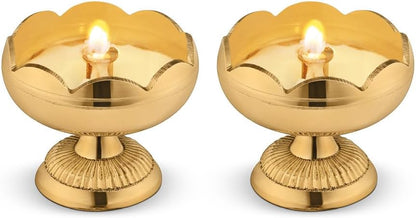 AVADOR® Handmade Brass Indian Puja Oil Lamp, Golden Diya Lamp Engraved Design Diya for Diwali Pooja (Nanda Set of 2 Diya)