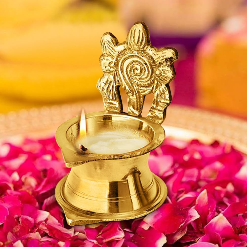 AVADOR® Handmade Brass Indian Puja Oil Lamp, Golden Diya Lamp Engraved Design Diya for Diwali Pooja (Singhasan Shankh Chakra Set of 2)