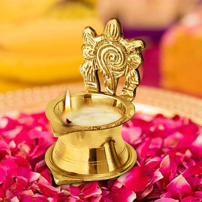 AVADOR® Handmade Brass Indian Puja Oil Lamp, Golden Diya Lamp Engraved Design Diya for Diwali Pooja (Singhasan Shankh Chakra Set of 2)