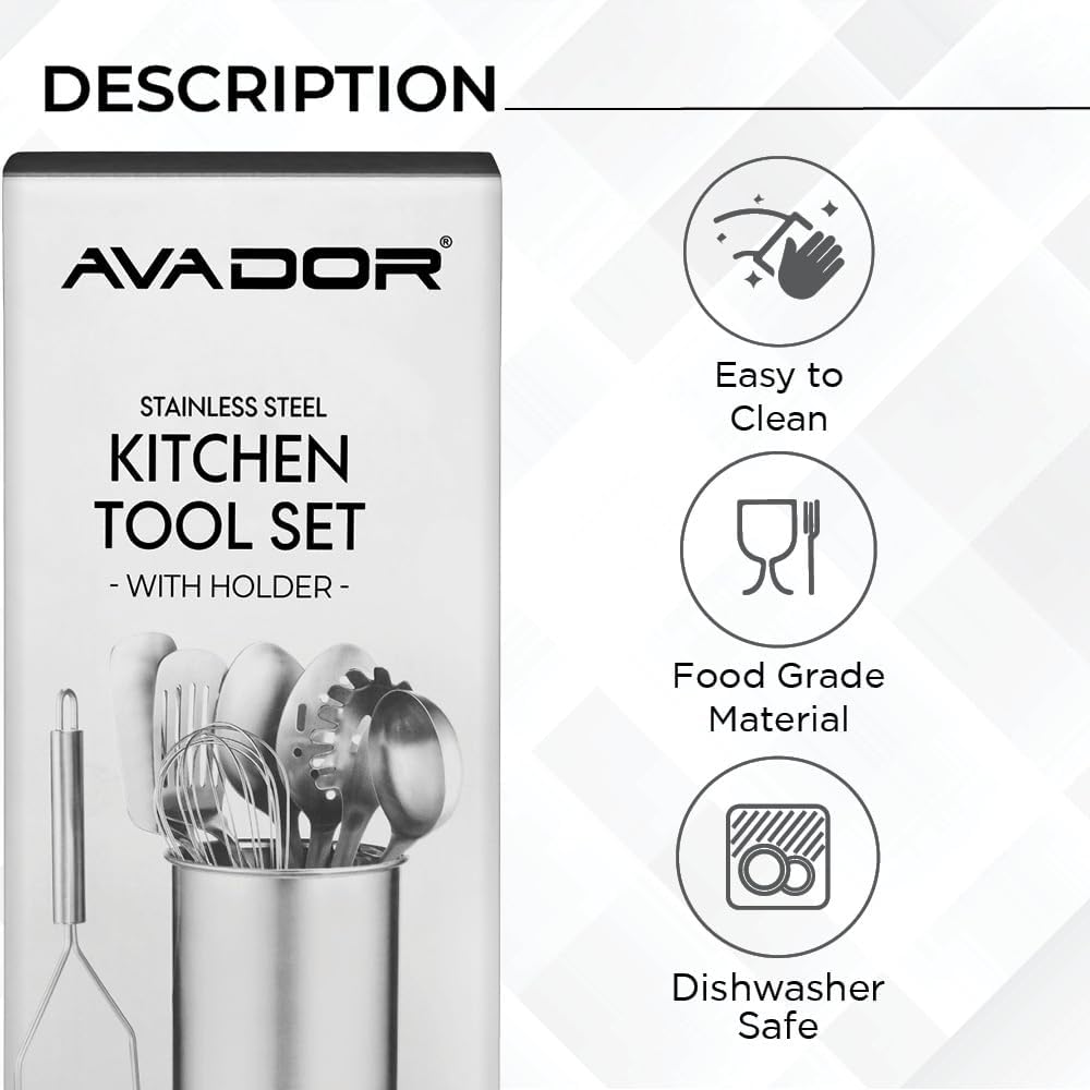AVADOR® Premium Set of 10 Stainless Steel Kitchen Tool Set with Black Holder