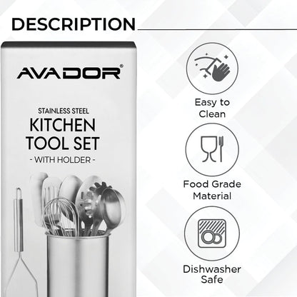 AVADOR® Premium Set of 10 Stainless Steel Kitchen Tool Set with Black Holder