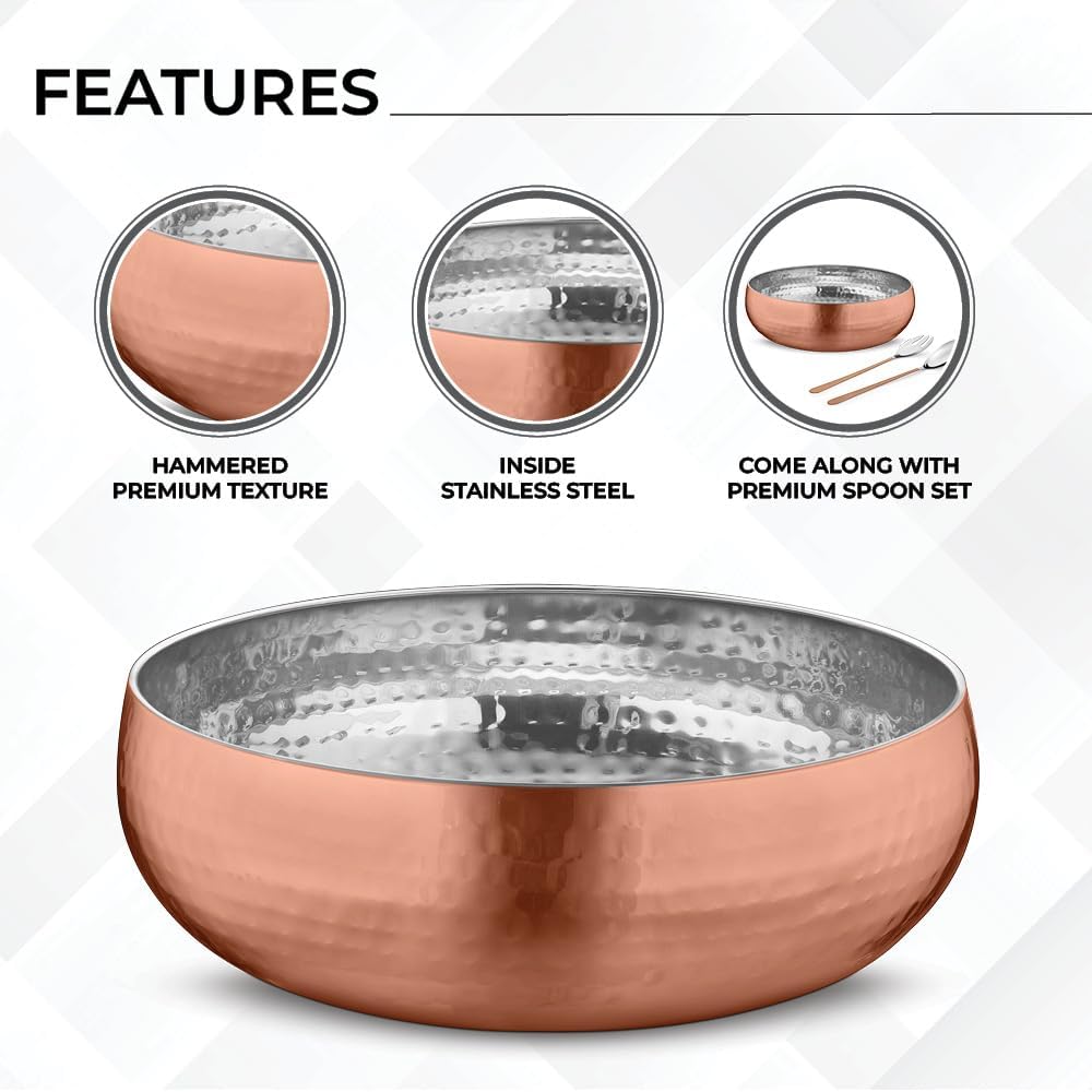 AVADOR® Set of 3 Premium Stainless Steel Salad Mixing Bowl Hammered Finish | Handmade | Includes Salad Serving Utensils (Gold Plated)