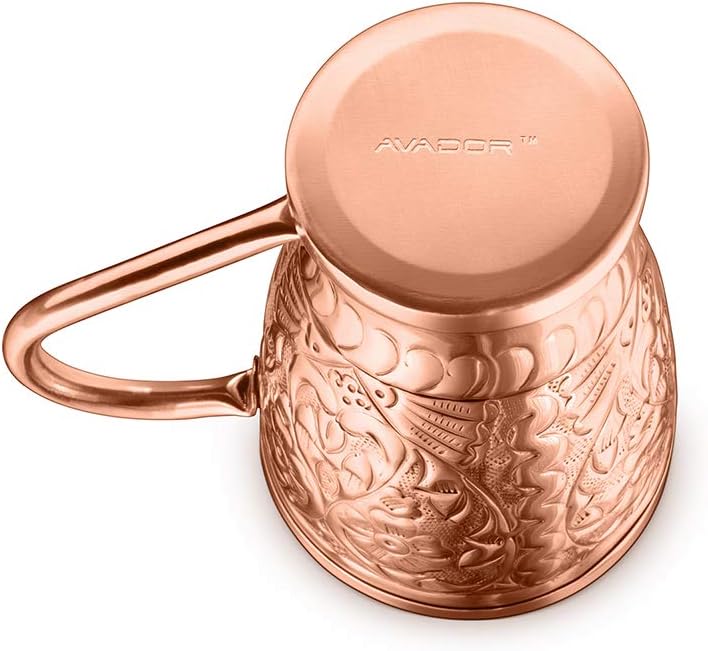 AVADOR® Set of 4 Hand-Engraved Pure Copper Moscow Mule Mugs with Straws and Shot Glass