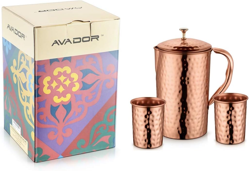 AVADOR® Handcrafted Pure Copper Pitcher/Jug with 2 Glasses, Hammered Finish