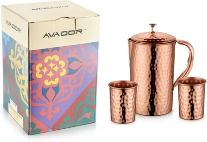 AVADOR® Handcrafted Pure Copper Pitcher/Jug with 2 Glasses, Hammered Finish