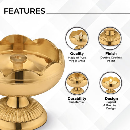 AVADOR® Handmade Brass Indian Puja Oil Lamp, Golden Diya Lamp Engraved Design Diya for Diwali Pooja (Nanda Set of 2 Diya)