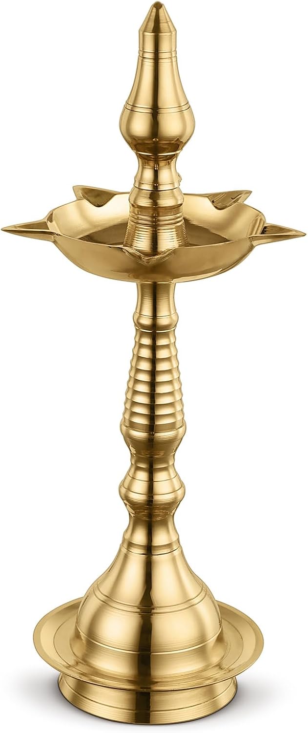 AVADOR® Handmade Brass Indian Puja Oil Lamp - Kerala Fancy Set of 1 with Gift Box