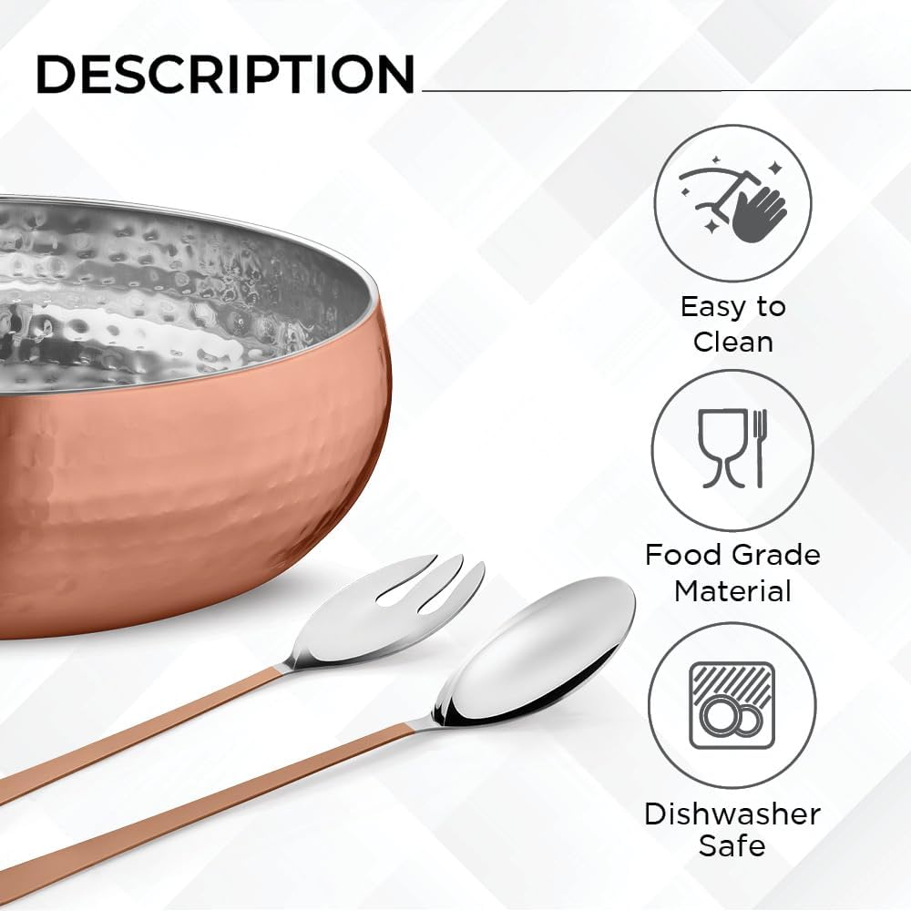 AVADOR® Set of 3 Premium Stainless Steel Salad Mixing Bowl Hammered Finish | Handmade | Includes Salad Serving Utensils (Gold Plated)