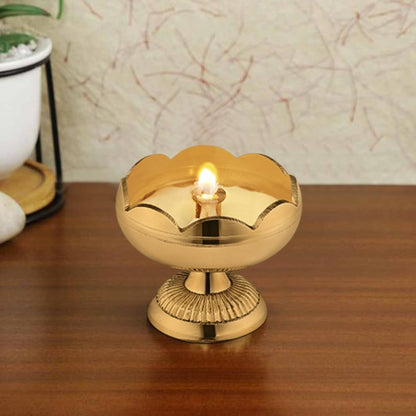 AVADOR® Handmade Brass Indian Puja Oil Lamp, Golden Diya Lamp Engraved Design Diya for Diwali Pooja (Nanda Set of 2 Diya)