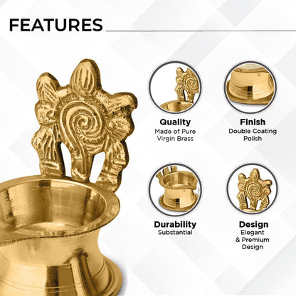 AVADOR® Handmade Brass Indian Puja Oil Lamp, Golden Diya Lamp Engraved Design Diya for Diwali Pooja (Singhasan Shankh Chakra Set of 2)