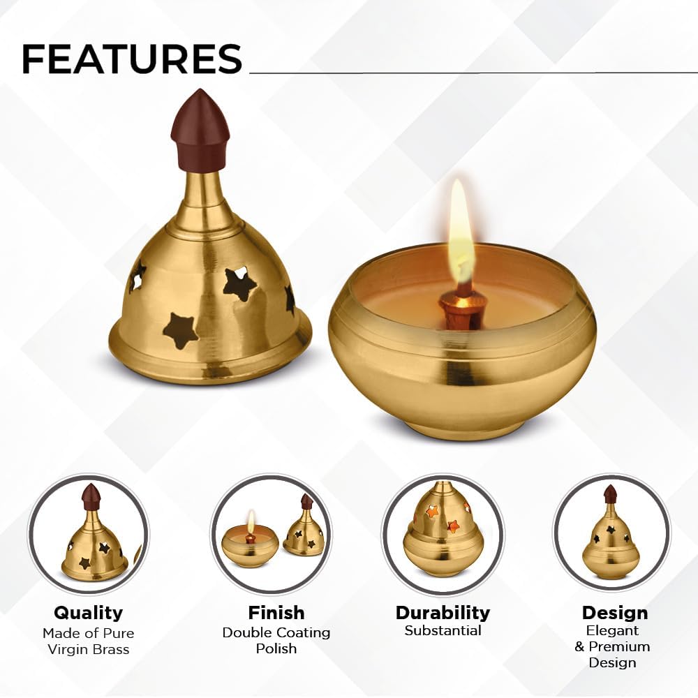 AVADOR® Handmade Brass Indian Puja Oil Lamp, Golden Diya Lamp Engraved Design Diya for Diwali Pooja (Tomato Diya Set of 1)