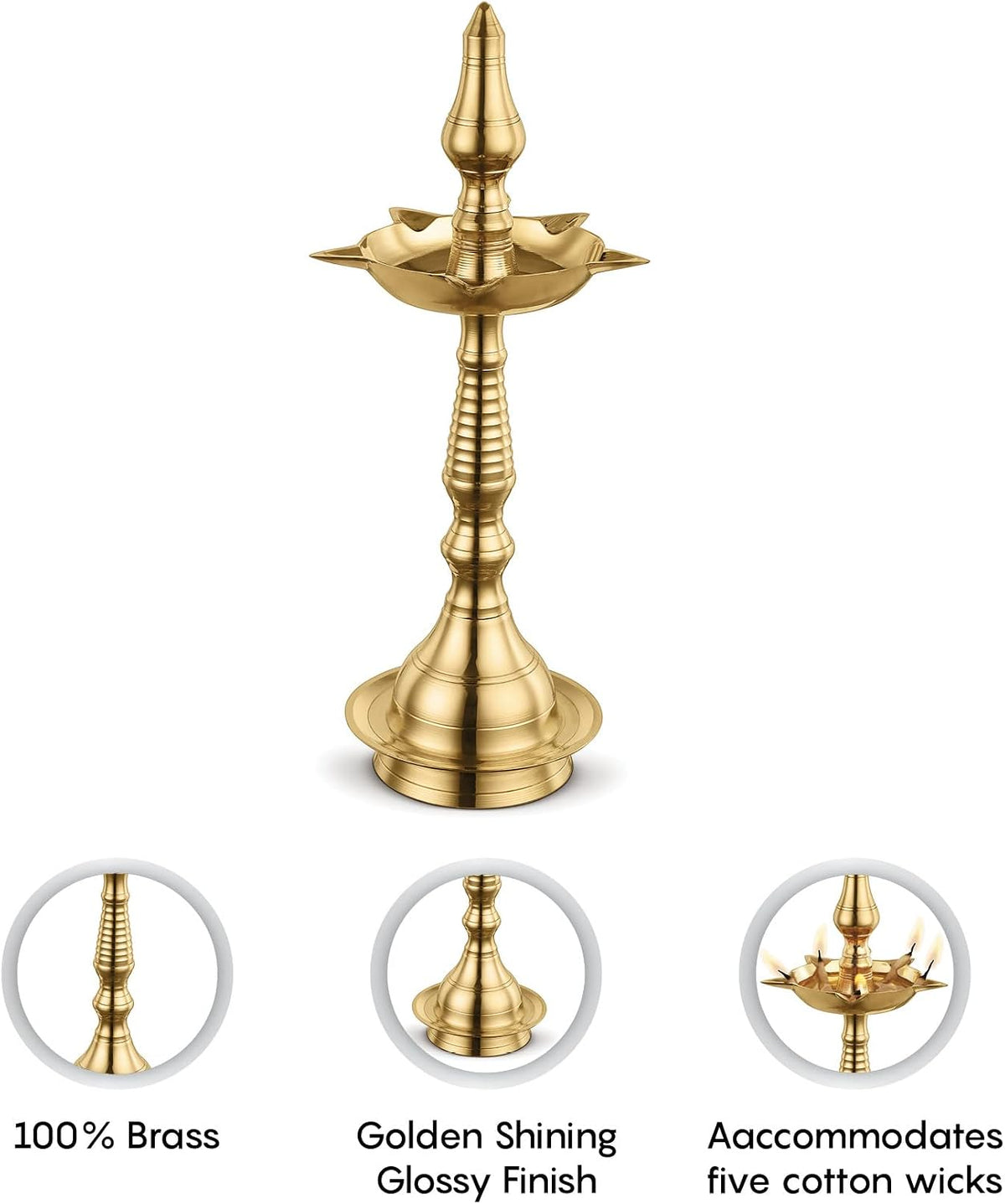 AVADOR® Handmade Brass Indian Puja Oil Lamp - Kerala Fancy Set of 1 with Gift Box