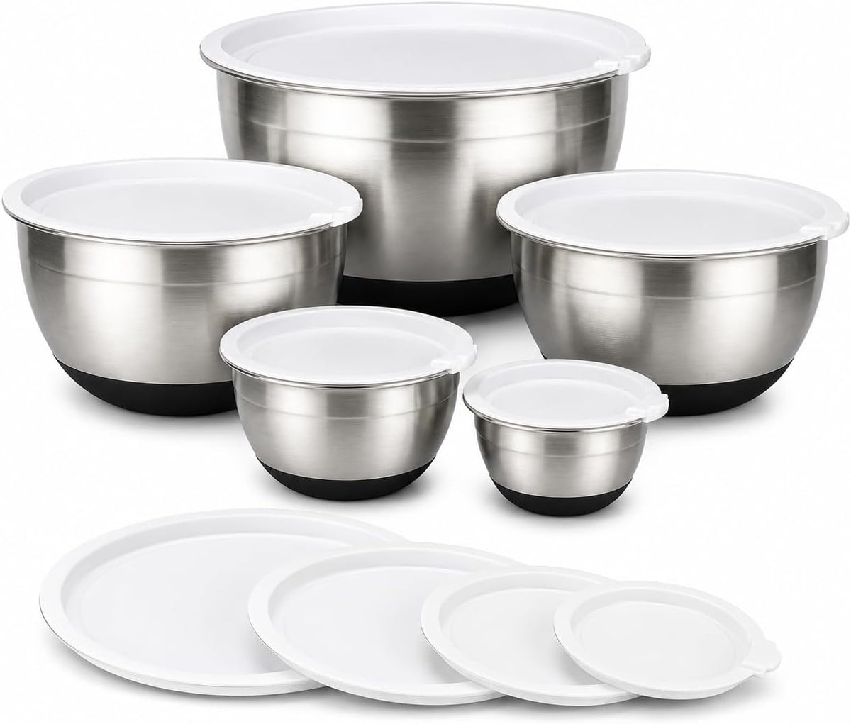 AVADOR® Set of 5 Premium Stainless Steel Mixing Bowls with Lids Non-Slip Silicone Base 