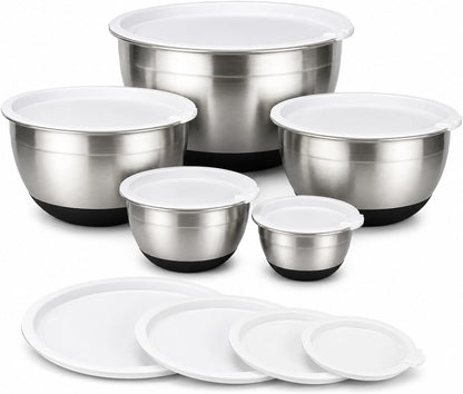 AVADOR® Set of 5 Premium Stainless Steel Mixing Bowls with Lids Non-Slip Silicone Base 
