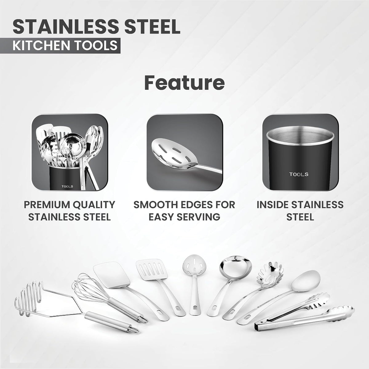AVADOR® Premium Set of 10 Stainless Steel Kitchen Tool Set with Black Holder