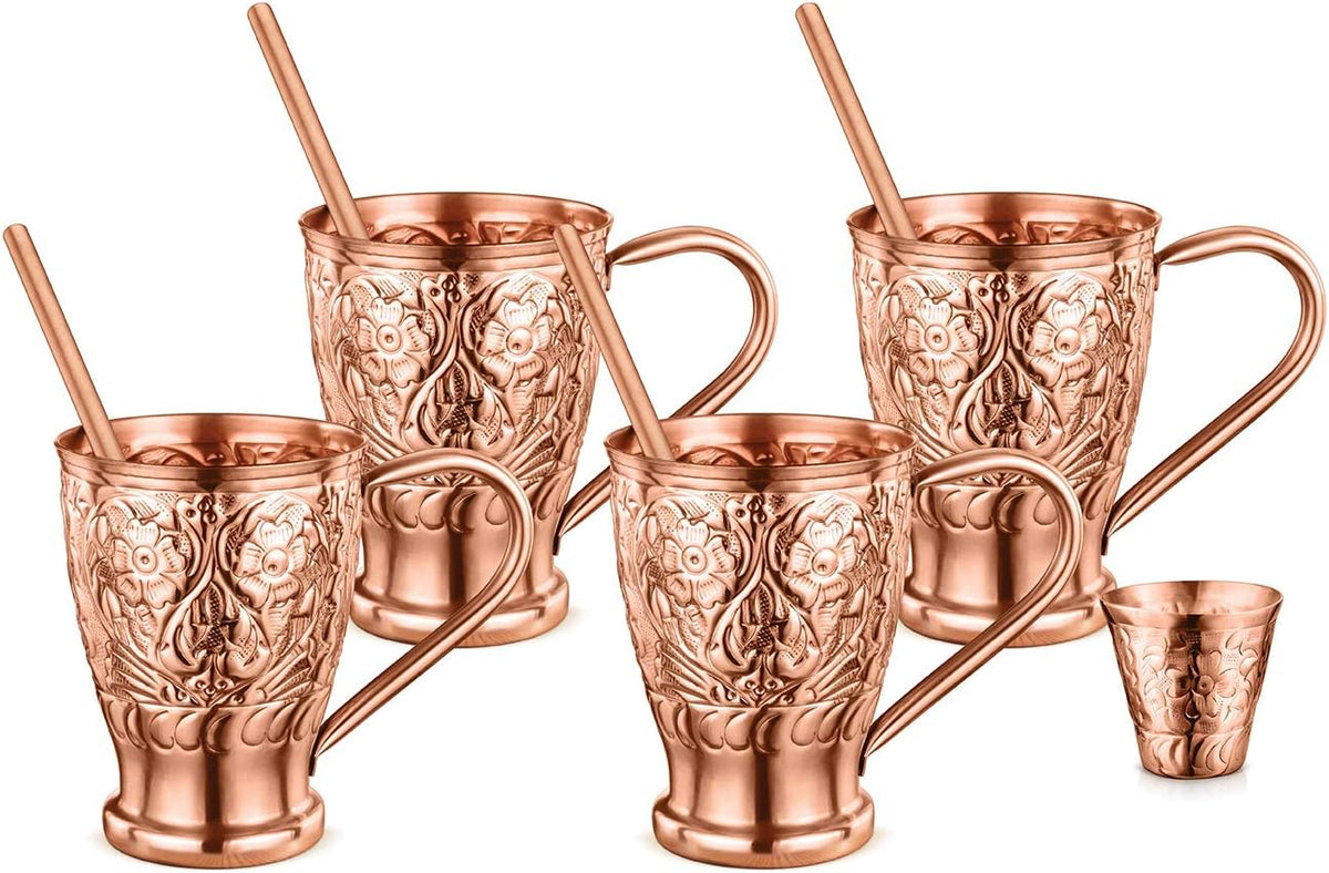 AVADOR® Set of 4 Hand-Engraved Pure Copper Moscow Mule Mugs with Straws and Shot Glass