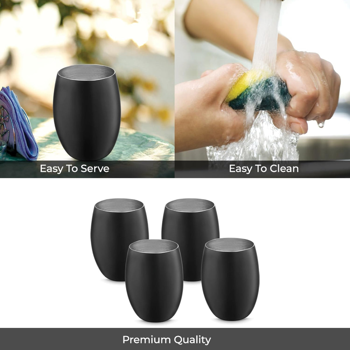 AVADOR® Set of 4 Stainless Steel Shatterproof Tumblers - Black Finish