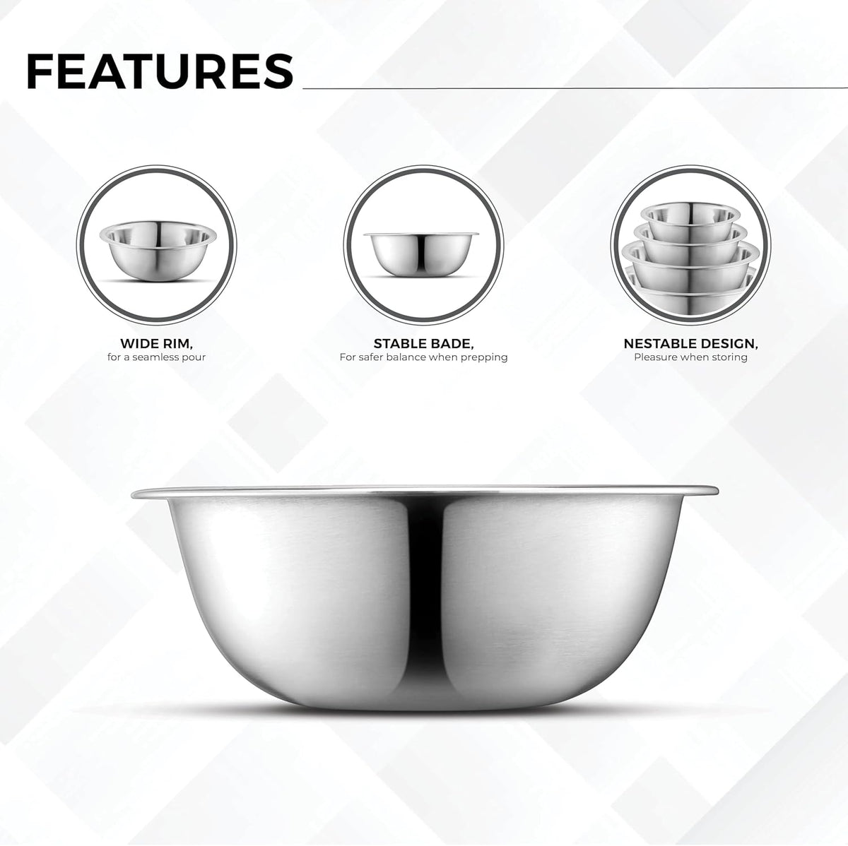 AVADOR® Premium Stainless Steel Mixing Bowls, Set of 5 Brushed Stainless Steel Mixing Bowl Set, Easy To Clean, Space Saving, Great for Cooking, Baking, Prepping (5 Pc Mixing Bowl)