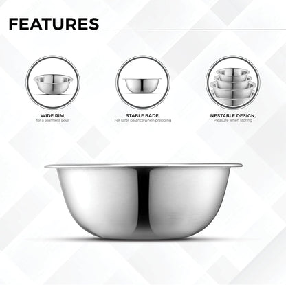 AVADOR® Premium Stainless Steel Mixing Bowls, Set of 5 Brushed Stainless Steel Mixing Bowl Set, Easy To Clean, Space Saving, Great for Cooking, Baking, Prepping (5 Pc Mixing Bowl)