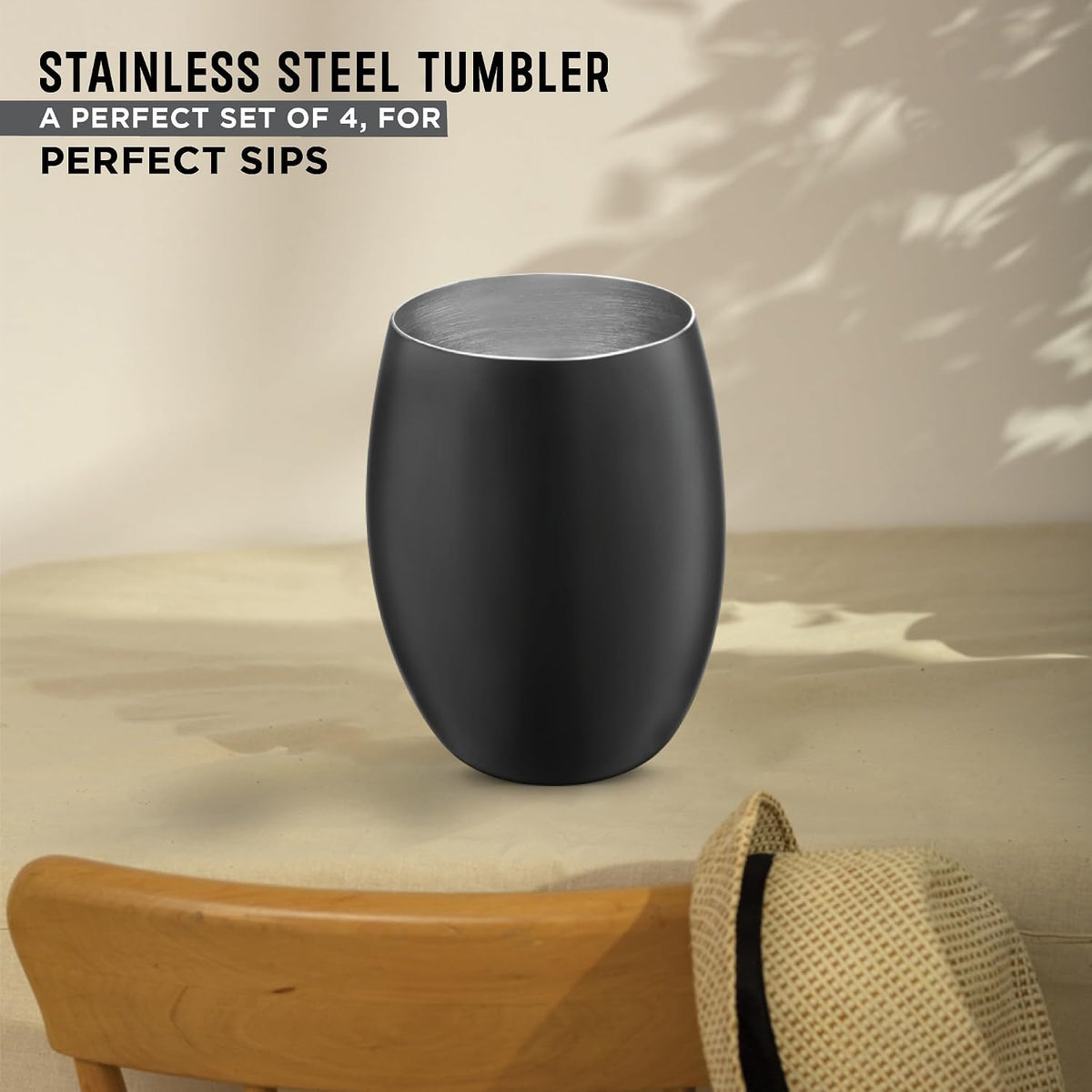 AVADOR® Set of 4 Stainless Steel Shatterproof Tumblers - Black Finish