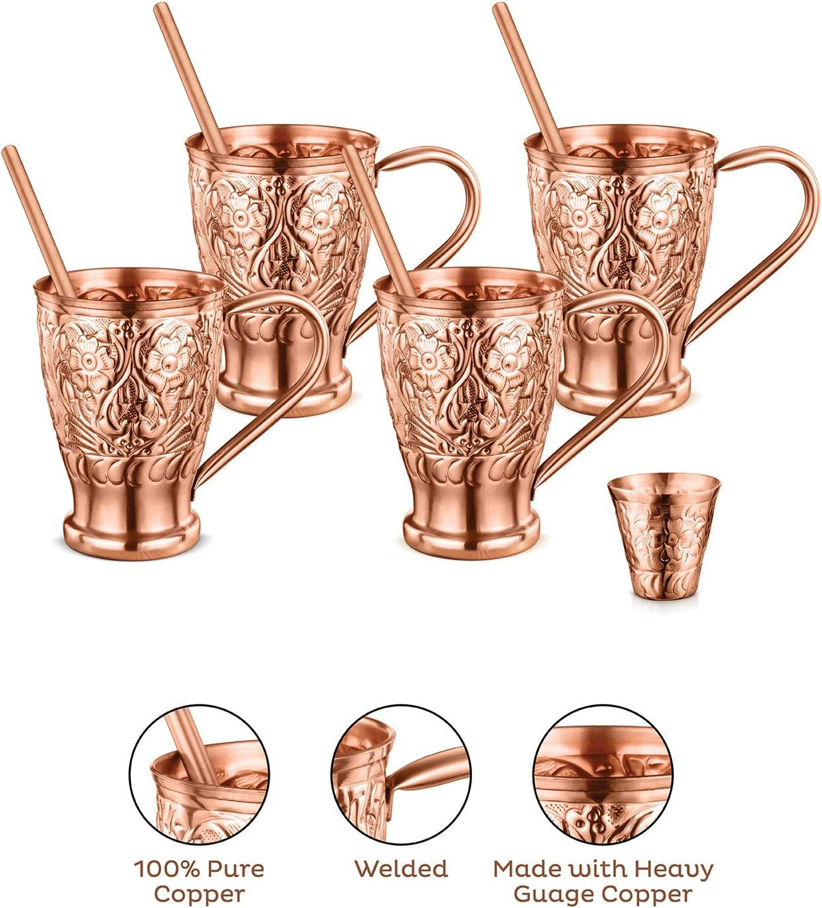 AVADOR® Set of 4 Hand-Engraved Pure Copper Moscow Mule Mugs with Straws and Shot Glass