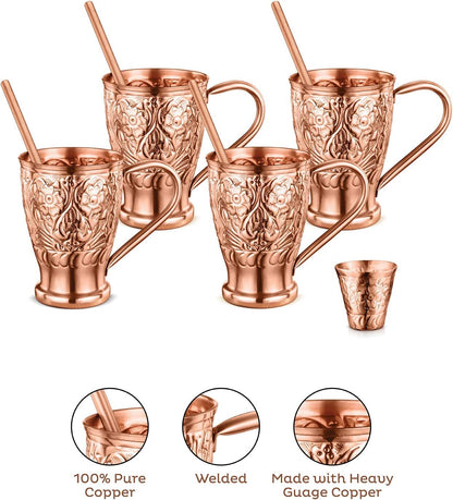 AVADOR® Set of 4 Hand-Engraved Pure Copper Moscow Mule Mugs with Straws and Shot Glass