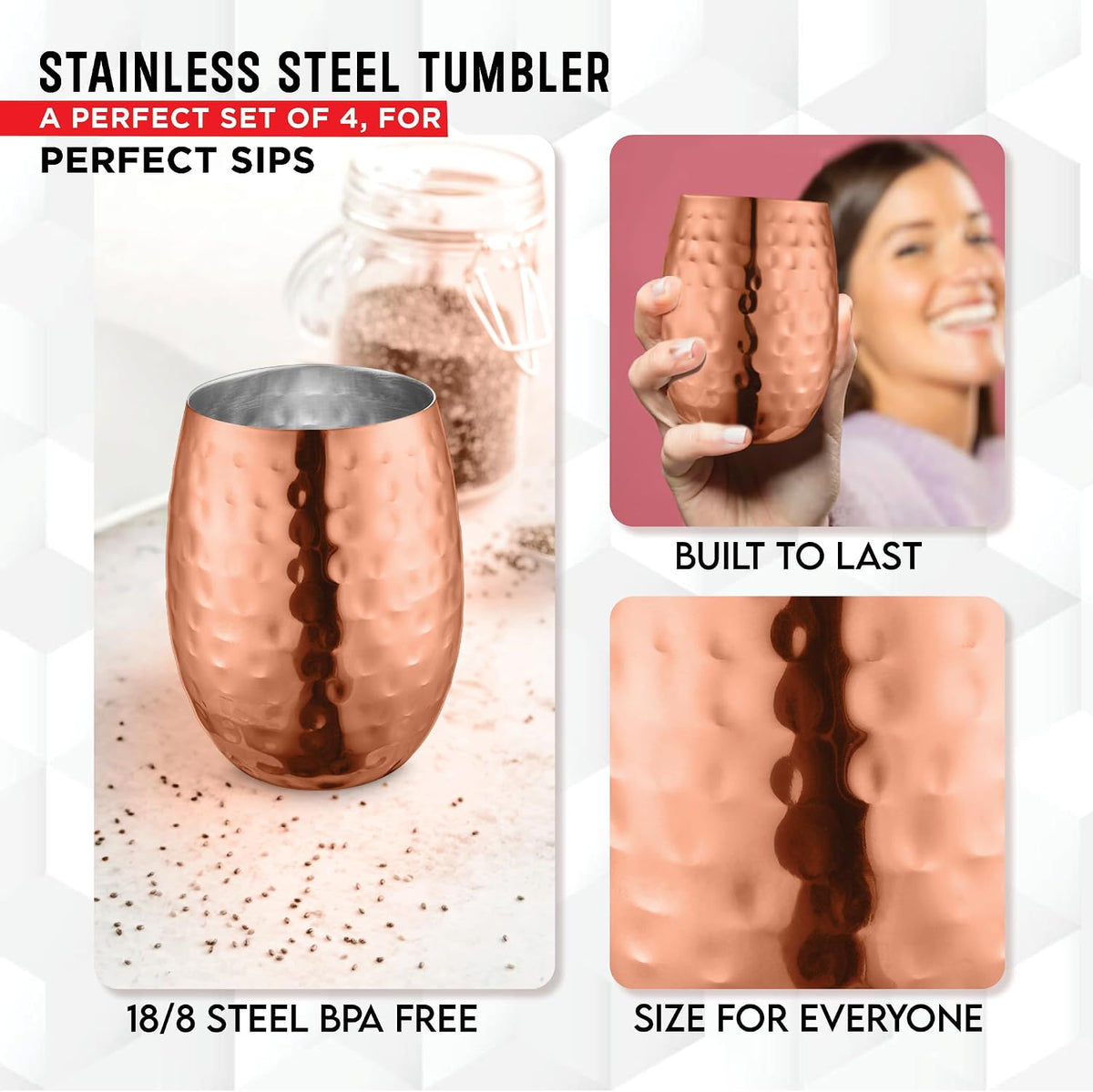 AVADOR® Handcrafted Set of 4 Stainless Steel Shatterproof Tumblers - Copper Finish