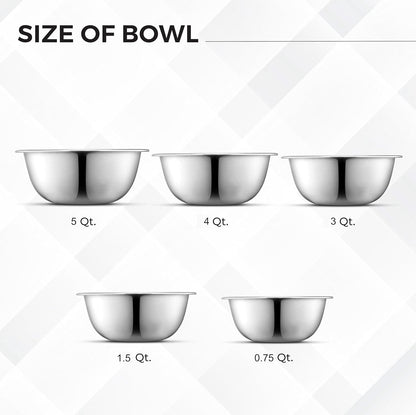 AVADOR® Premium Stainless Steel Mixing Bowls, Set of 5 Brushed Stainless Steel Mixing Bowl Set, Easy To Clean, Space Saving, Great for Cooking, Baking, Prepping (5 Pc Mixing Bowl)