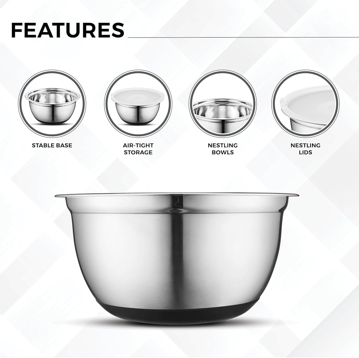 AVADOR® Set of 5 Premium Stainless Steel Mixing Bowls with Lids Non-Slip Silicone Base 