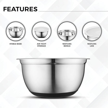 AVADOR® Set of 5 Premium Stainless Steel Mixing Bowls with Lids Non-Slip Silicone Base 