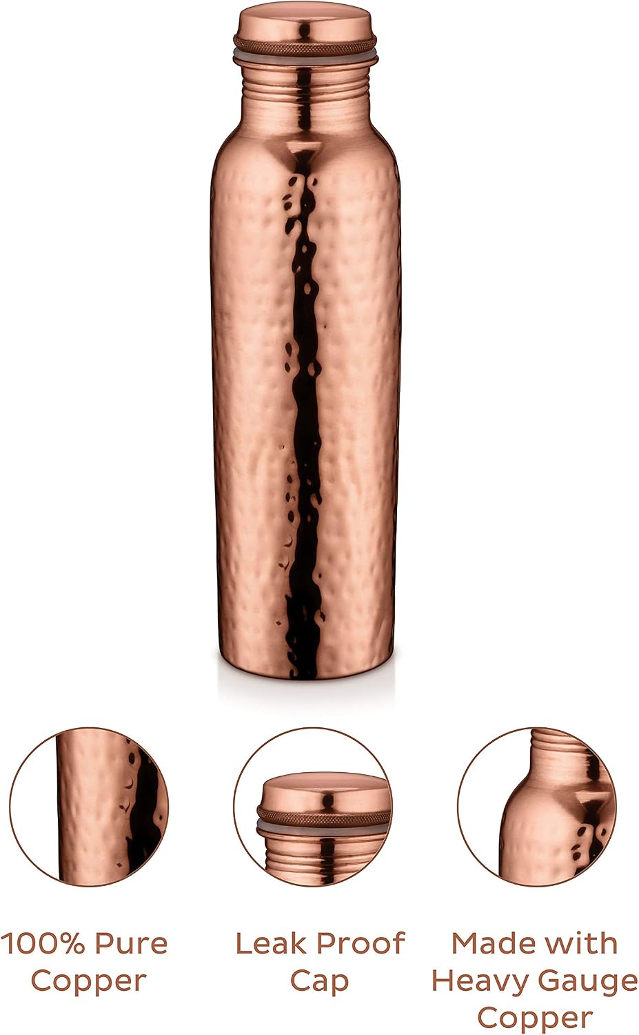 AVADOR® Handcrafted Pure Copper Water Bottle Vessel Hammered Finish 30 Oz. Leak Proof Gift Set Box