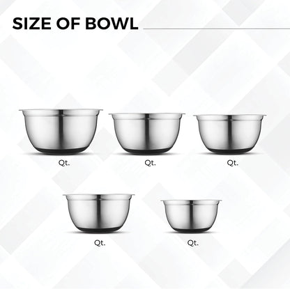 AVADOR® Set of 5 Premium Stainless Steel Mixing Bowls with Lids Non-Slip Silicone Base 