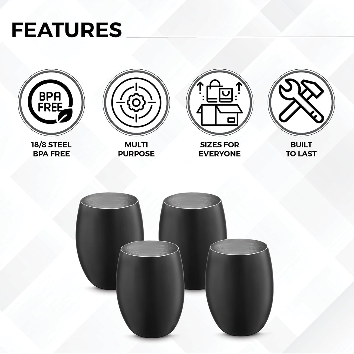 AVADOR® Set of 4 Stainless Steel Shatterproof Tumblers - Black Finish