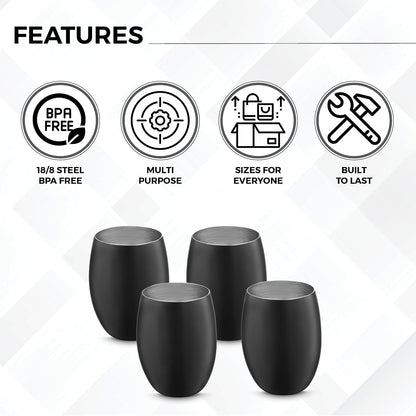 AVADOR® Set of 4 Stainless Steel Shatterproof Tumblers - Black Finish