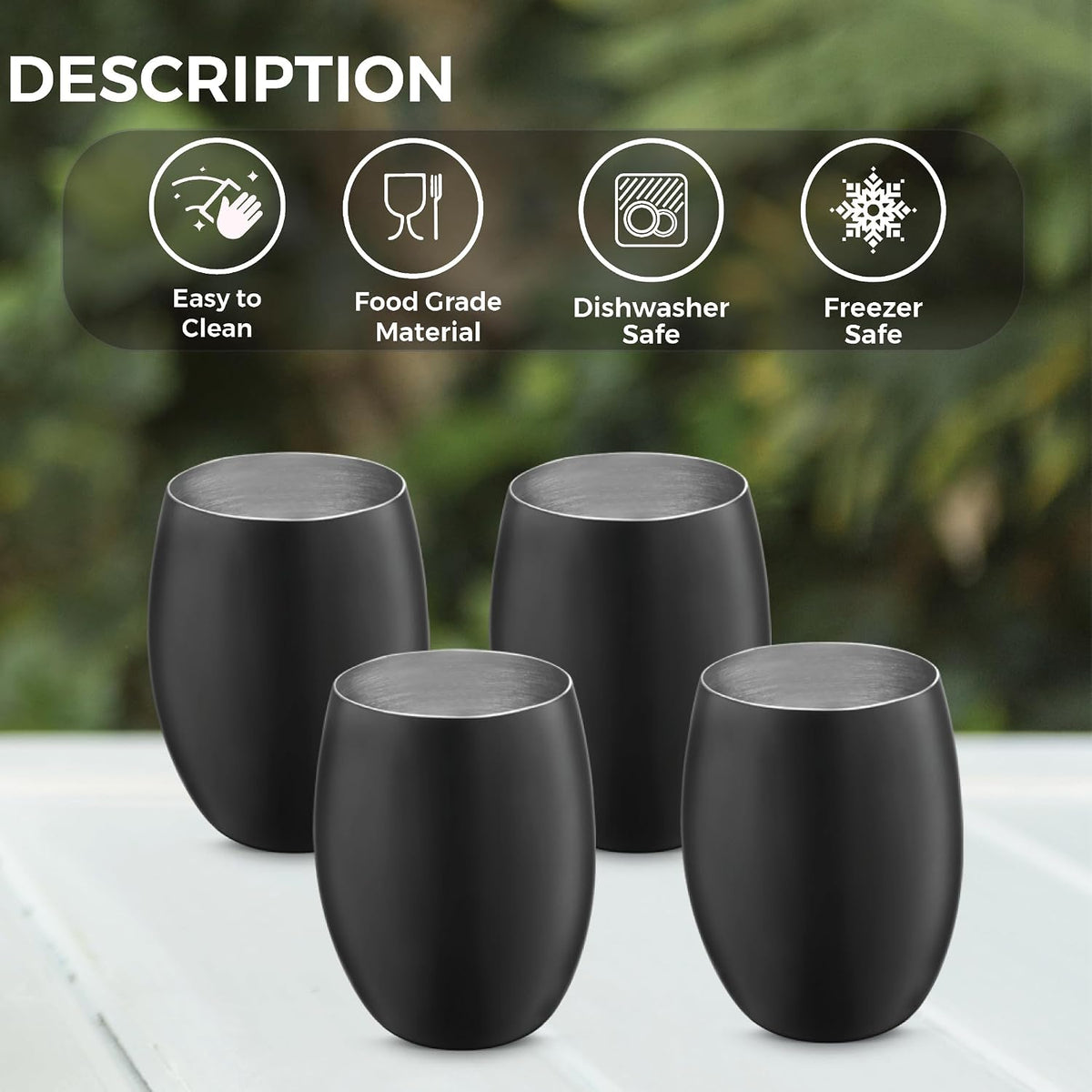 AVADOR® Set of 4 Stainless Steel Shatterproof Tumblers - Black Finish