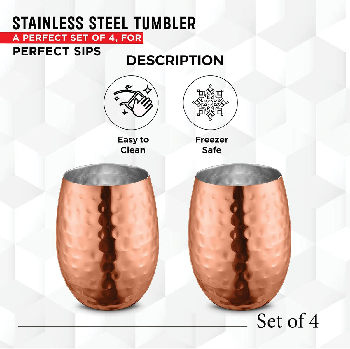 AVADOR® Handcrafted Set of 4 Stainless Steel Shatterproof Tumblers - Copper Finish