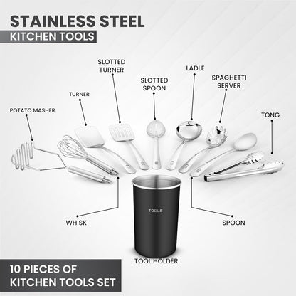 AVADOR® Premium Set of 10 Stainless Steel Kitchen Tool Set with Black Holder