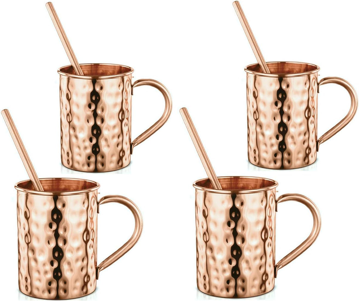 AVADOR® Set of 4 Handcrafted Straight Copper Moscow Mule Mugs with Straws Hammered Finish 16 Oz. Elegant Modern Set for Special Occasions | Gifting | Wedding Favors | Beverage Tasting