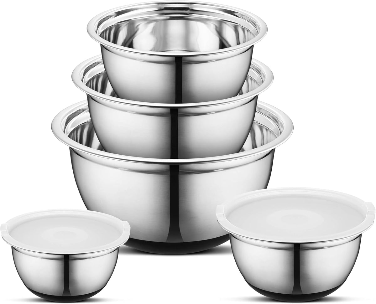 AVADOR® Set of 5 Premium Stainless Steel Mixing Bowls with Lids Non-Slip Silicone Base 