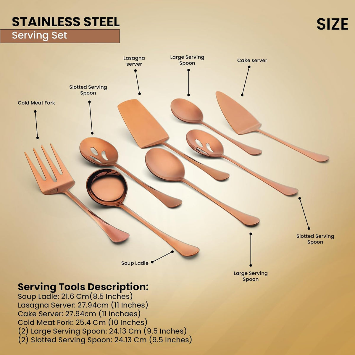 AVADOR® Premium Set of 8 Stainless Steel Hostess Serving Utensil Tool Set for Weddings | Buffet | Party | Kitchen | Restaurants (Gold Plated)