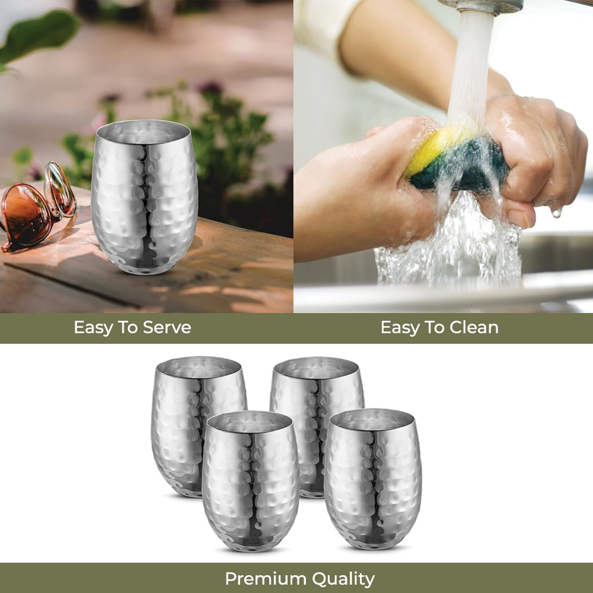 AVADOR® Set of 4 Stainless Steel Shatterproof Drinkware Tumblers Stainless Steel Finish